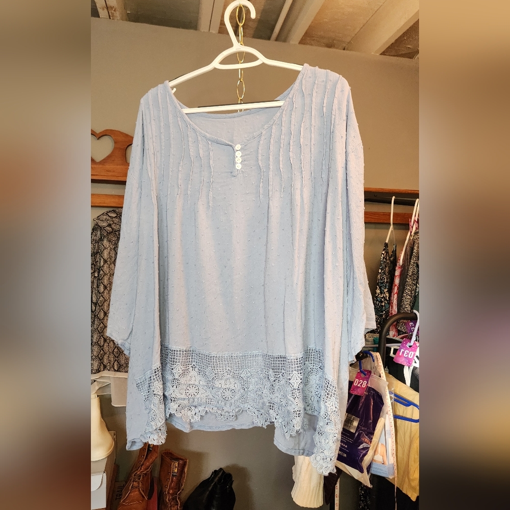 Blue Long Sleeve Lace Trim Top 3x